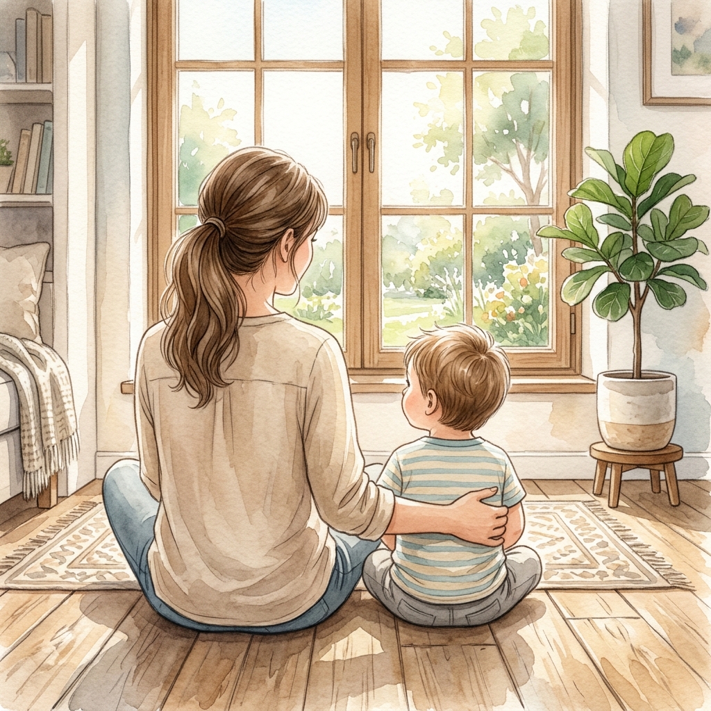 窓辺で寄り添って座る母と子のあたたかいイラスト